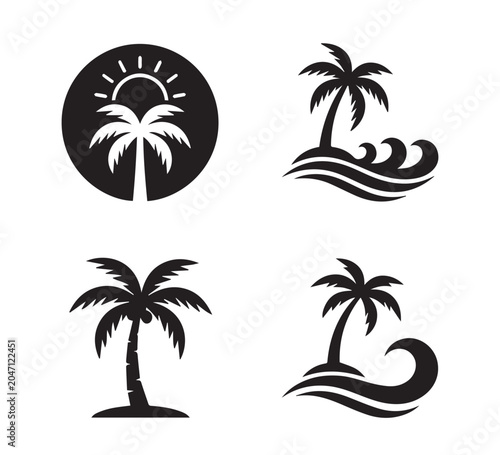 Stylized tropical paradise palm tree icon collection, evoking serene beach vacation and blissful summer escape feelings, ideal for elegant graphic designs