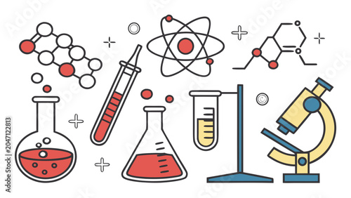 Scientific laboratory equipment collection with beakers test tubes and, research