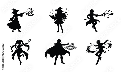 Canvas Print Magical Witch and Wizard Silhouettes, Fantasy Characters, Enchanted Spell Icons,