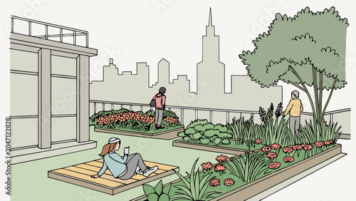 People relaxing on a modern rooftop garden with city skyline background