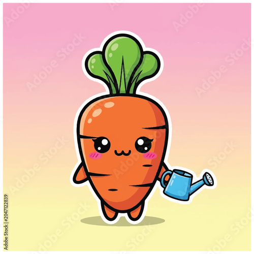 Quadro su tela Cartoon carrot character with watering can.