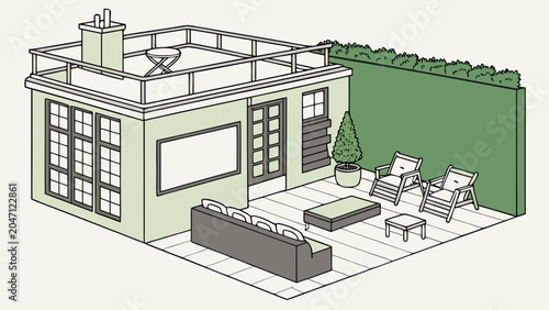 Minimalist isometric house exterior with rooftop terrace and outdoor patio