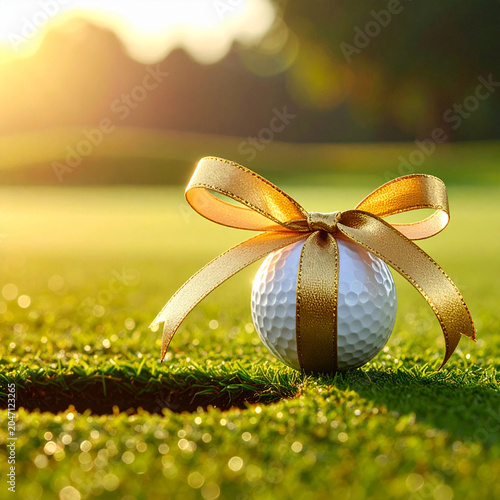 close-up of a golf ball wrapped with an elegant gold ribbon beside a golf hole on a pristine championship putting green. Bright morning sunlight, luxury bent grass texture, and generous copy space 