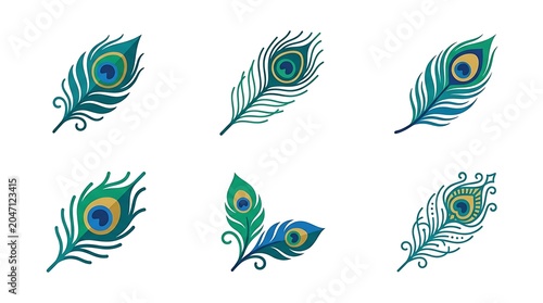 Set of six decorative peacock feathers with intricate eye patterns and vibrant colors