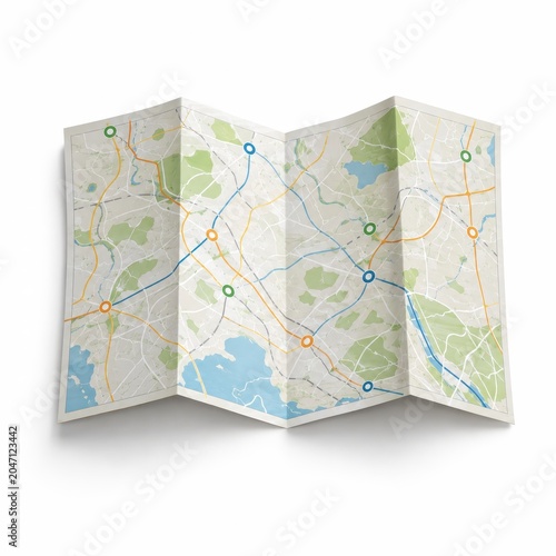 Folded blank travel map forming a gentle wave shape simple colored route lines round location markers without text clean paper texture modern navigation concept isolated on white background