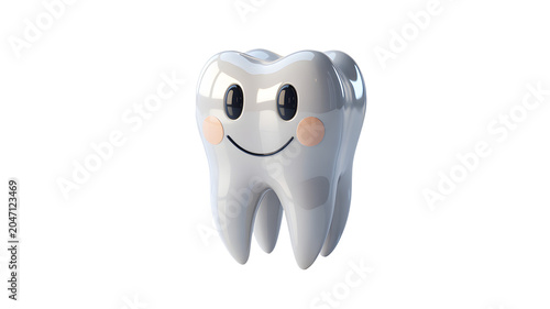3D Rendered Smiling Cartoon Tooth Character with Sparkling Eyes in White Background