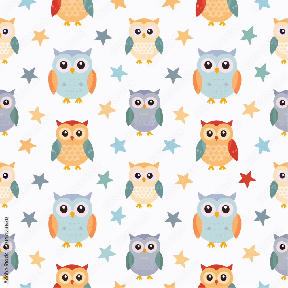 Naklejka premium Adorable Hooting Owls and Twinkling Stars Seamless Pattern for Children's Decor and Whimsical Designs