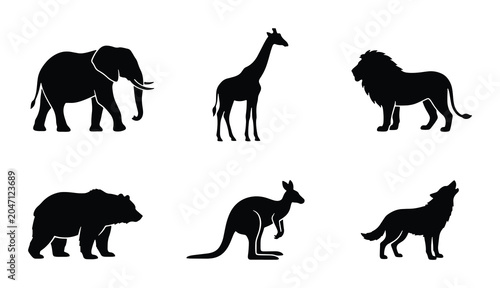 Photography Silhouette Animal Icons: Elephant, Giraffe, Lion, Bear, Kangaroo, Wolf Collectio