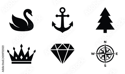Konstfotografi Elegant Black Vector Icons: Swan, Anchor, Tree, Crown, Diamond, Compass Set