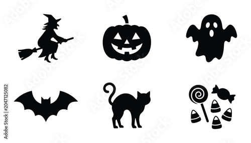 Foto Halloween Icons Set: Witch, Pumpkin, Ghost, Bat, Cat, Candy, Vector Graphics