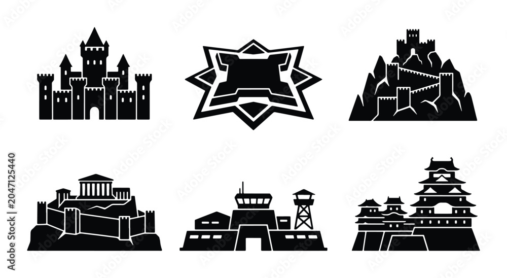 Naklejka premium Fortress Icons, Castle Silhouettes, Military Structures Vector Set: Defense, Architecture, History