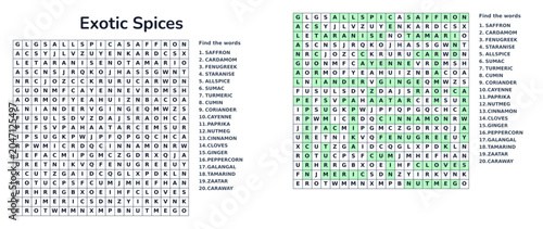 Exotic Spice word search puzzle sheet with answers for kids and adults, hard level