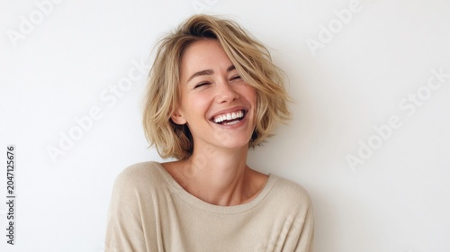Happy woman with a beautiful smile and perfect white teeth against a white background