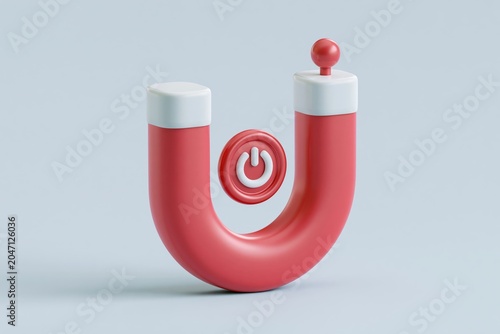 Plakat w ramie Magnetism, magnetize, marketing and business online strategy concept. 3d vector icon. Cartoon minimal style. Red horseshoe magnet with magnetic power sign on background. 3D icon free to edit.