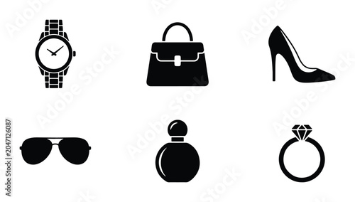 Bild auf Leinwand Luxury Fashion Accessories Icons Set: Watch, Handbag, High Heel Shoe, Sunglasses