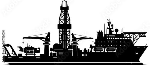Industrial offshore oil rig ship, drilling platform vessel, black silhouette icon, industrial maritime equipment
