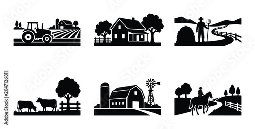 Bild auf Leinwand Farm Life Vector Icons: Tractor, Barn, Farmer, Livestock, Rural Landscape Scenes