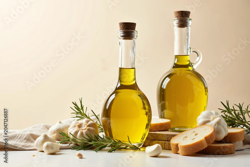 Minimalist olive oil composition with glass bottles fresh herbs garlic and bread on neutral background creating elegant culinary still life with soft lighting and modern natural aesthetic