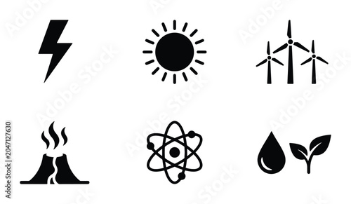 Tableau sur toile Energy Icons Set: Renewable, Fossil Fuel, Solar, Wind, Atomic, Geothermal, Water