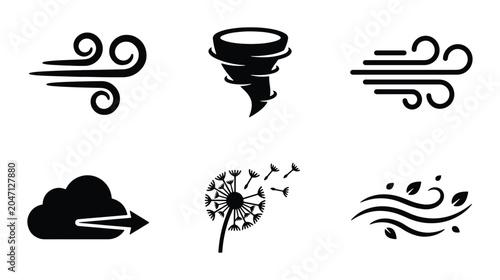 Slika na platnu Wind Icons Set, Weather Symbols, Air Flow, Tornado, Cloud, Dandelion Seeds, Natu