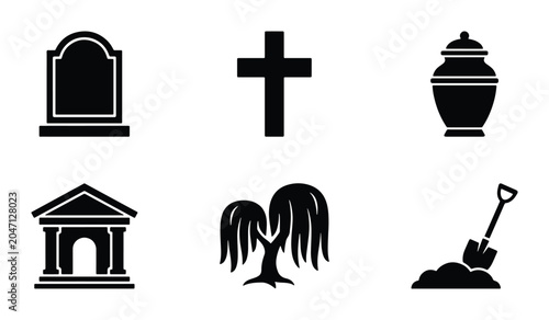 Fotografie Funeral Icons Set: Tombstone, Cross, Urn, Mausoleum, Weeping Willow, Shovel, Gri