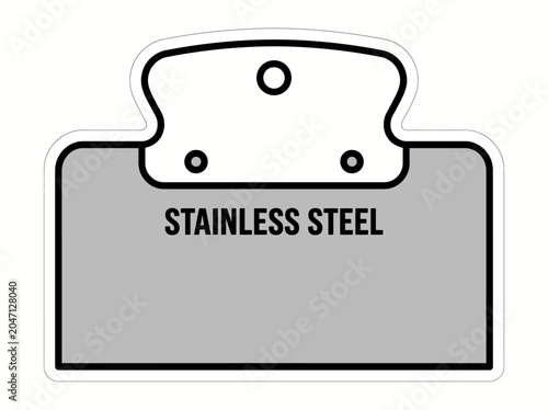 Graphic illustration of a stainless steel label with a metallic gray color and black outline on a white background.