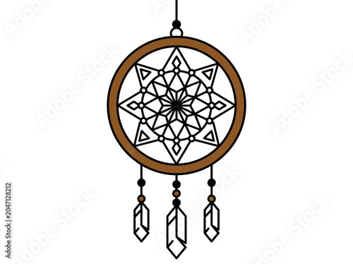 Illustration of a dreamcatcher with a geometric web design and crystal beads hanging from a brown hoop against a white background.