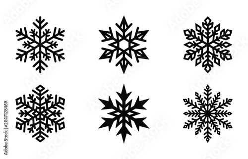 Six Black Snowflake Icons, Winter Holiday Decorative Elements, Cold Weather Snowfall Graphics
