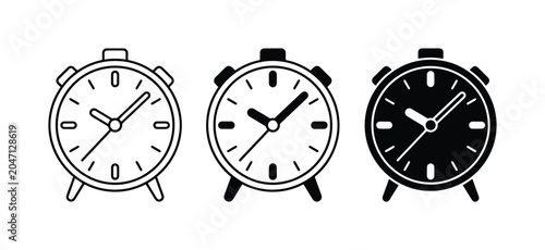 Alarm Clock Icons, Timekeeping Symbols, Retro Timepiece Graphics, Set of 3