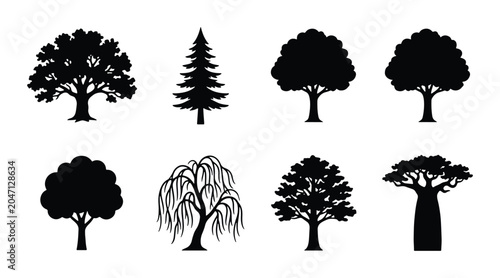 Diverse Tree Silhouettes Collection: Oak, Pine, Baobab, Willow, Vector Icons