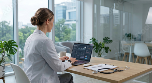 Faceless female doctor analyzing medical dashboards on modern laptop