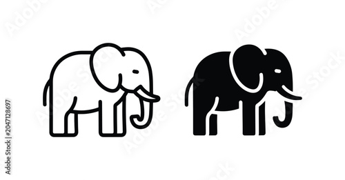 Photography Elephant Icons, Simple Line Art and Silhouette Vector Graphics, Mammal Symbols f