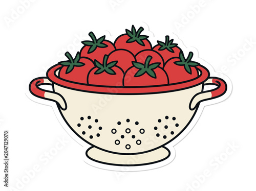 Illustration of a colander filled with fresh tomatoes on a plain white background.