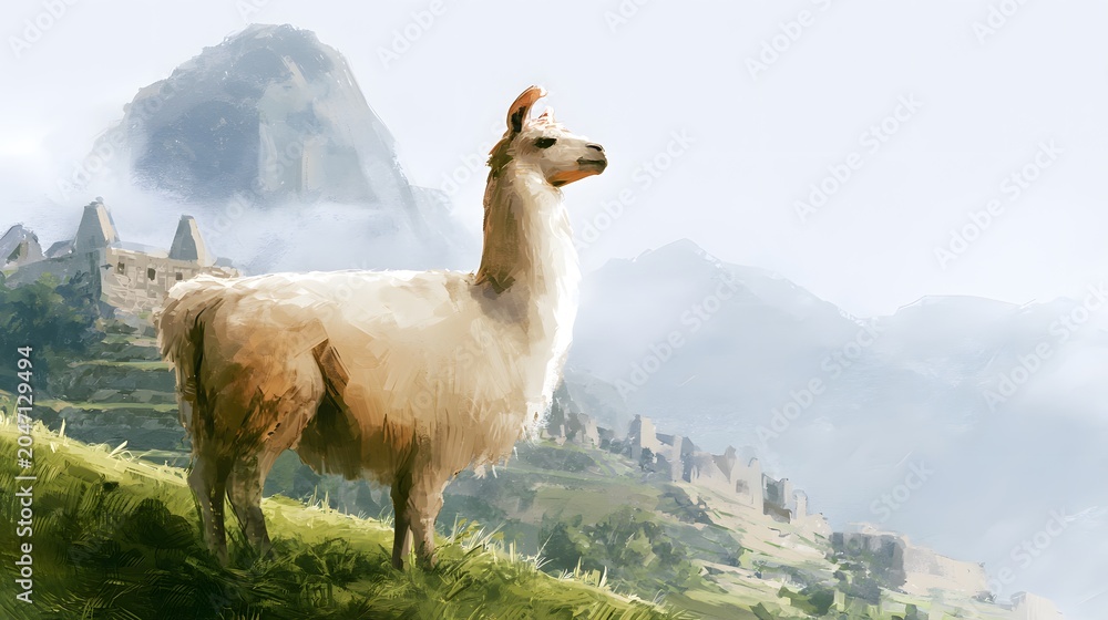 Naklejka premium Llama Serenity Ancient Ruins Watercolor Illustration Peaceful Andean Mountain Vista Tranquility