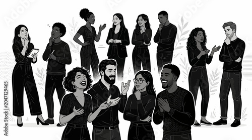 Diverse group of people communicating and interacting with each other. people group diverse communication interaction illustration black and white business casual clothing adults men women standing ta