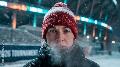Fan with frozen breath and frosty eyelashes at winter stadium