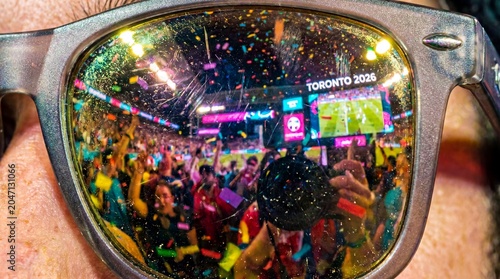 Macro view of scratched sunglasses reflecting a chaotic stadium crowd