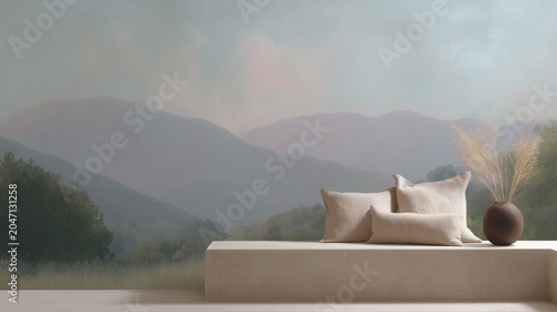 Rustic minimalist bench with cushions and vase against a serene nature-inspired mural of distant hills and greenery.