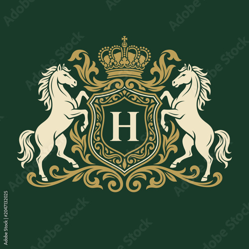 Photos Elegant royal crest featuring lions, crown, and ornate shield