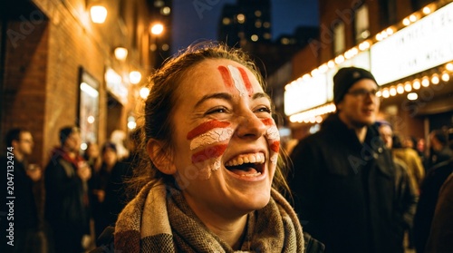 Laughing woman with cracking red and white face paint at night venue
