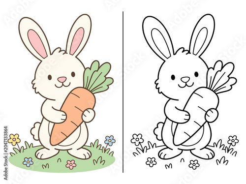 Adorable cartoon rabbit holding a fresh carrot, perfect for children's coloring pages and Easter designs