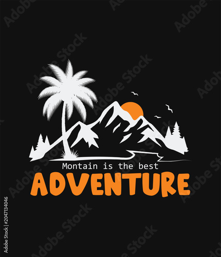 Adventure mountain landscape graphic with palm tree vector, AI, Illustartion