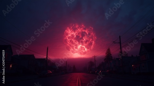 A surreal, vibrant red cloud dominates the evening sky above a quiet suburban street, creating a dramatic scene.