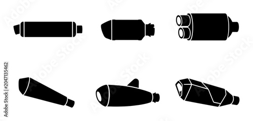 Foto Motorcycle Exhaust Silencers, Muffler Icons Set, Automotive Parts Vector Collect