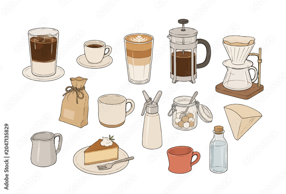 Obraz premium Minimal Line Art Cafe and Coffee Objects Clipart Set, Korean Indie Lifestyle Illustration Collection with Iced Coffee, Espresso Cup, Latte Glass, French Press, Pour Over, Coffee Bean Bag, Ceramic Mug