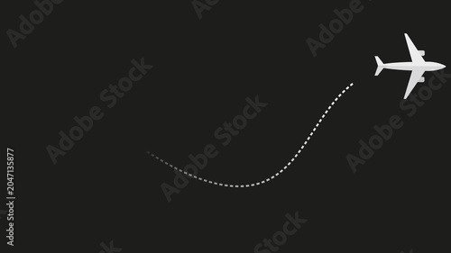 Airplane tracking flight path on black background