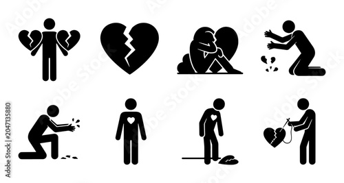 Fotografi Heartbreak Icons Set: Sadness, Loss, Grief, Broken Relationships, Emotional Pain