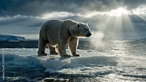 Solitary polar bear on melting ice in dramatic arctic seascape