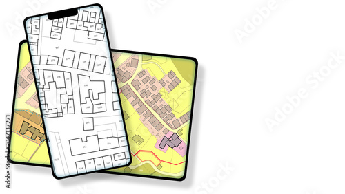 FICTIONAL CADASTRAL MAP AND GENERAL URBAN PLANNING DOCUMENTATION ON DIGITAL DEVICE with copyspace - Zoning regulations, buildable areas with zoning districts, urban destinations, land use