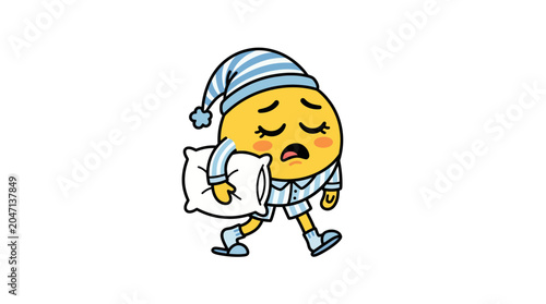 Tableau sur toile Tired Emoji in Pajamas Carrying Pillow, Sleepy Character Walking